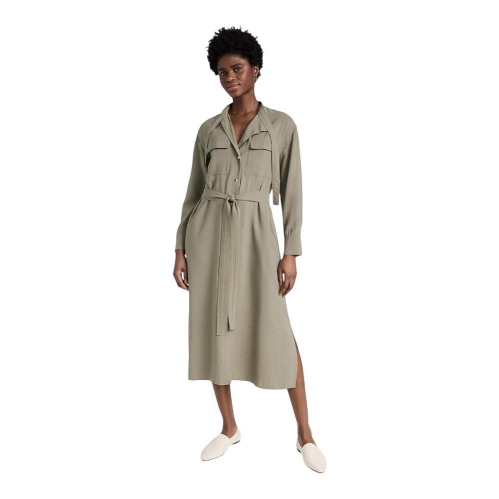 Vince Olive Green Utility Midi‎ Shirt Dress Long Sleeve No Belt XL
